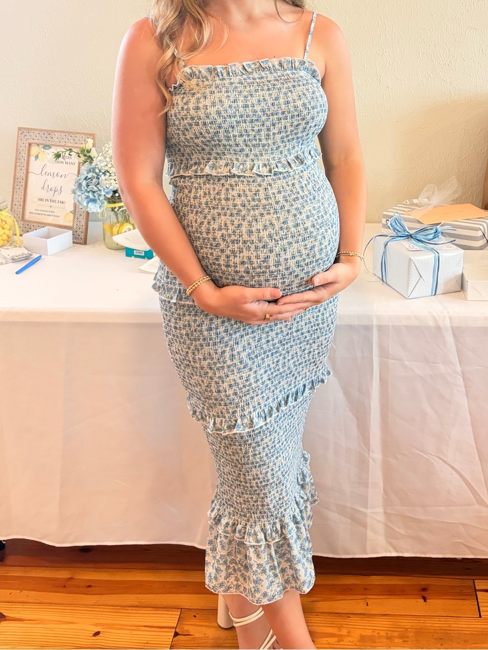 Pink Blush Floral Chiffon Smocked Tiered Square Neck Maternity Midi Dress